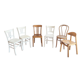 Set of 6 mismatched and patinated chairs