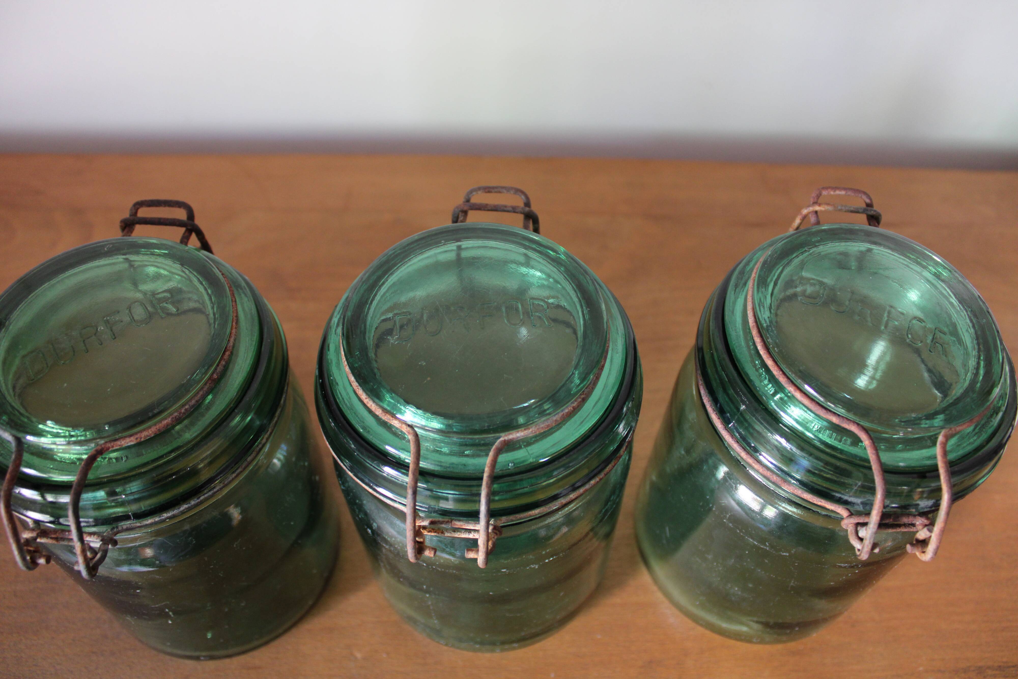 Lot of 3 green glass jars Durfort