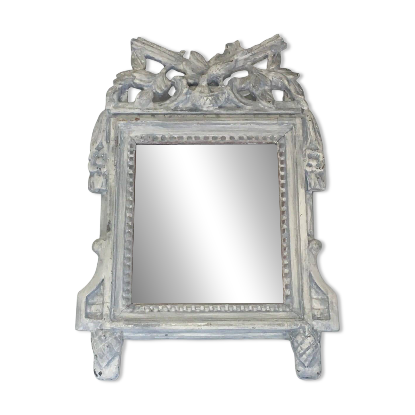 Louis XVI Style Mirror in Carved Wood with Grey Patina and Dove Pediment