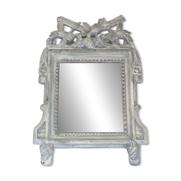 Louis XVI Style Mirror in Carved Wood with Grey Patina and Dove Pediment