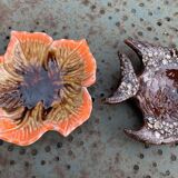 Lot composed of small barbotine dishes in enamelled ceramic, leaf and fish, Vallauris style