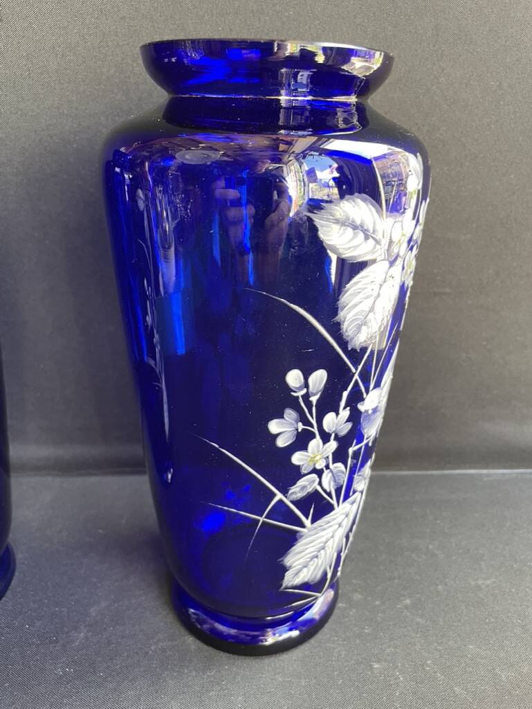 Pair of numbered white enamelled cobalt blue blown glass vases