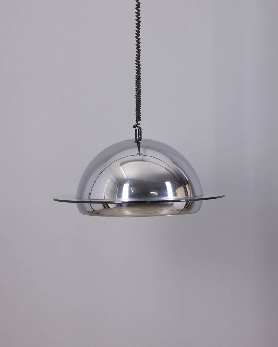 VINTAGE 1970S CHANDELIER IN CHROME-PLATED METAL AND GLASS, ITALIAN DESIGN