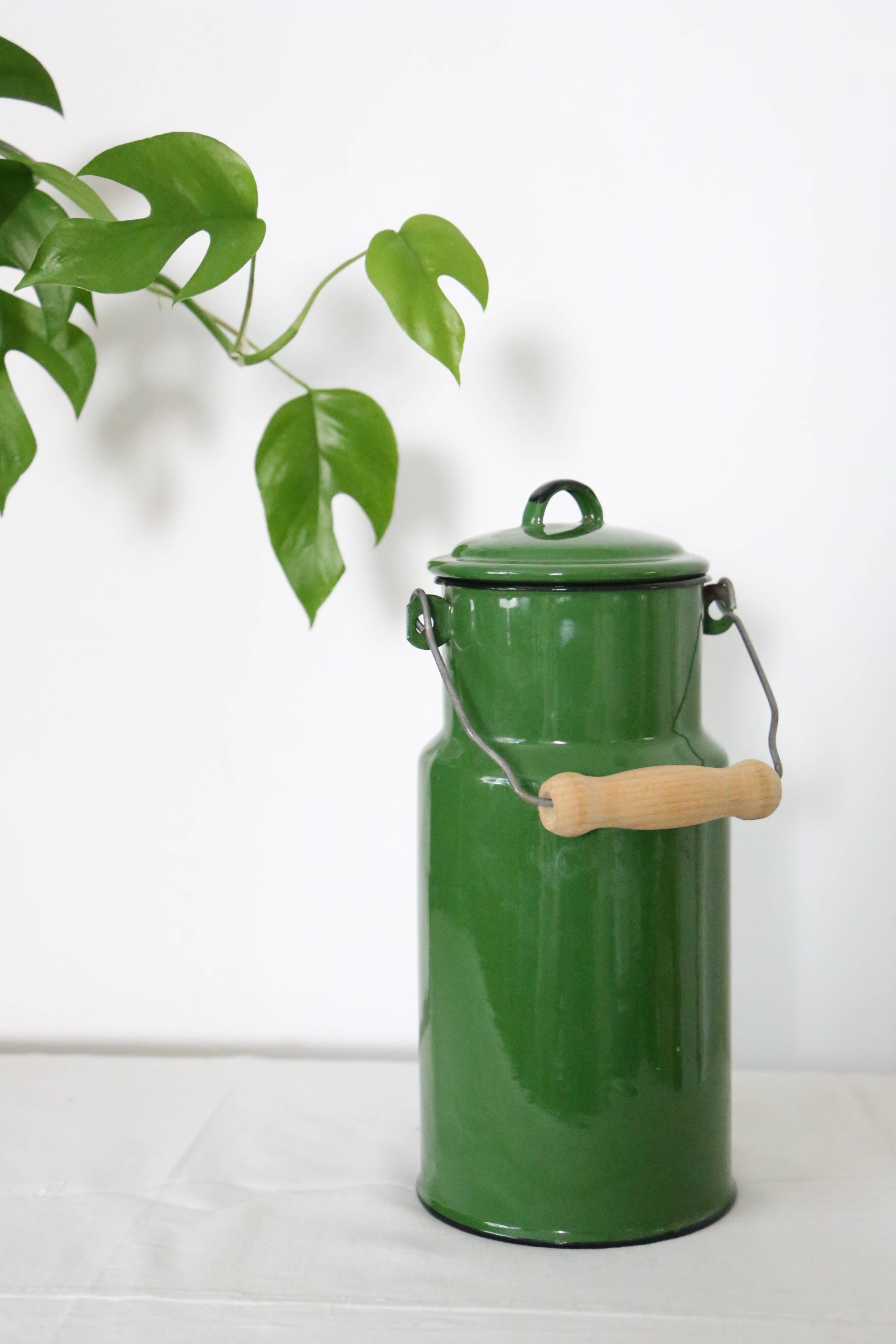 Enamelled metal milk jar, vintage