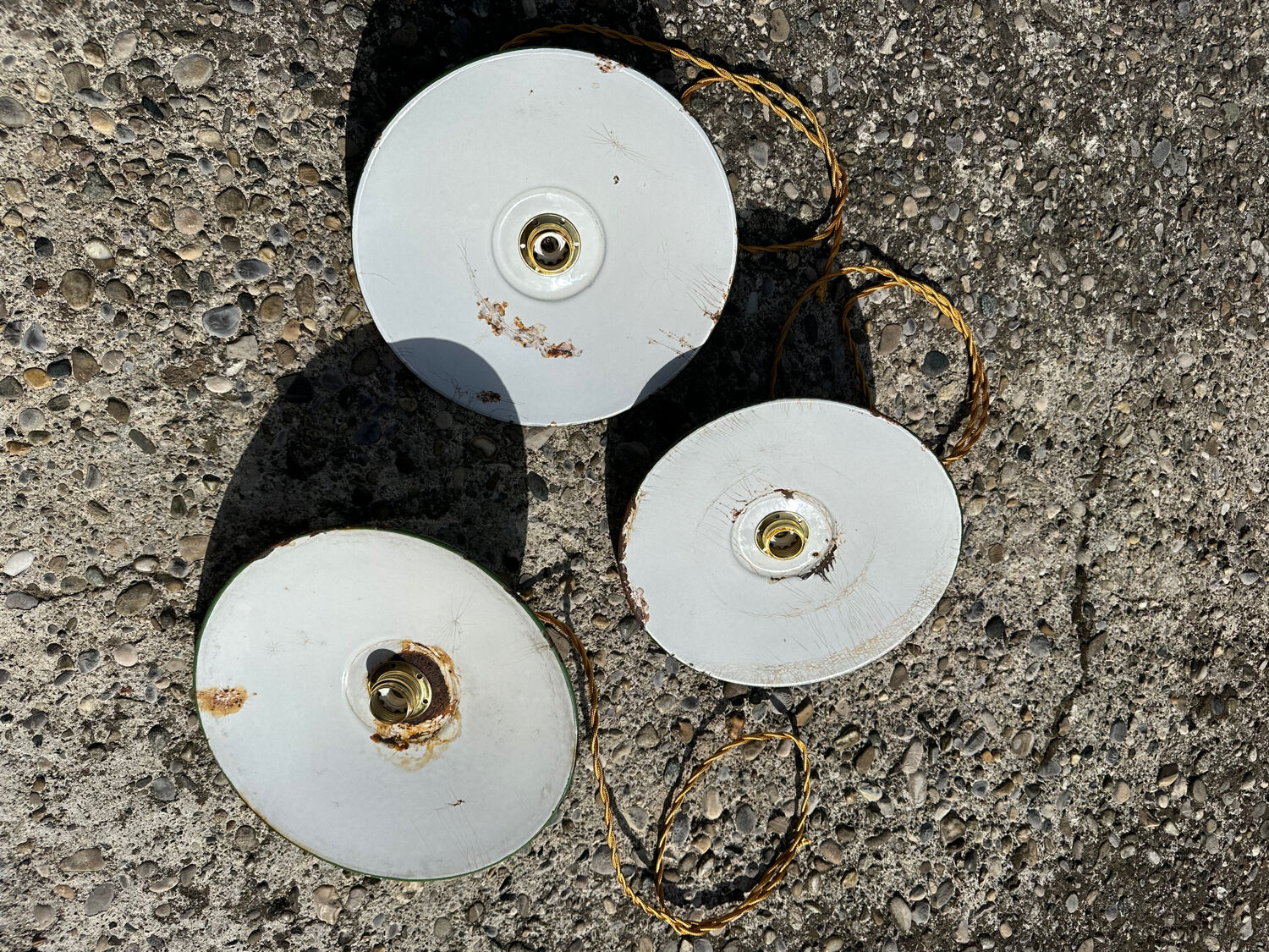 Trio of vintage pendant lights in green and white enameled sheet metal, industrial farmhouse decor