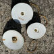 Trio of vintage pendant lights in green and white enameled sheet metal, industrial farmhouse decor