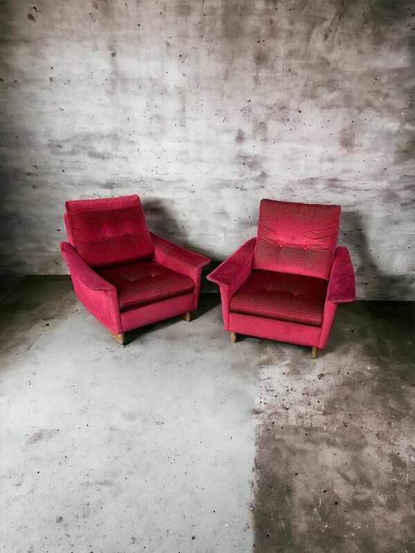 Paire de fauteuils confortables vintage en tissus probablement italien des années 1950-60