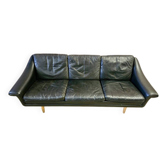 Danish vintage 3 seater black leather sofa by Aage Chriatianses