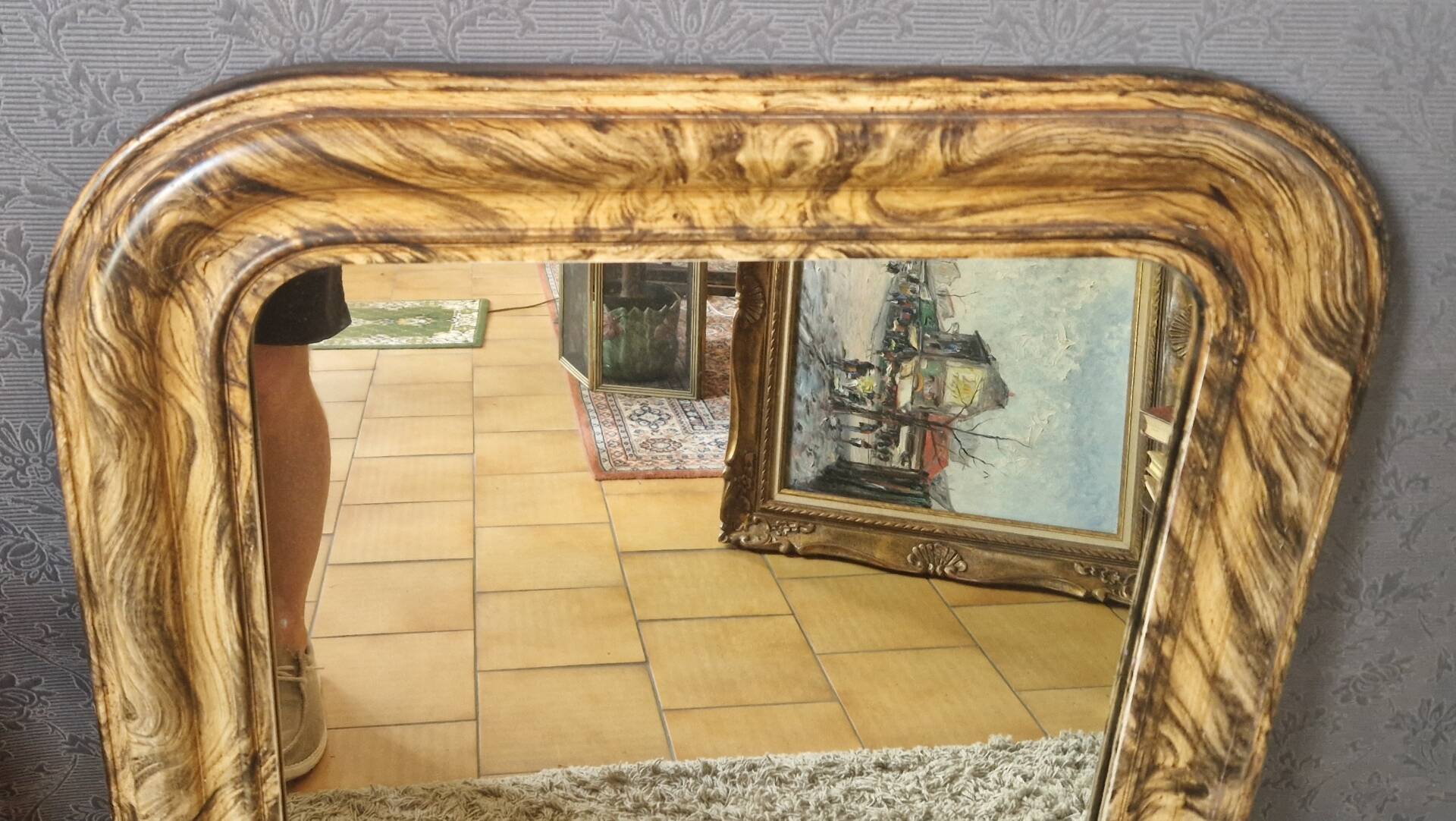 Miroir Louis Philippe décors faux bois  93 x 69 cm