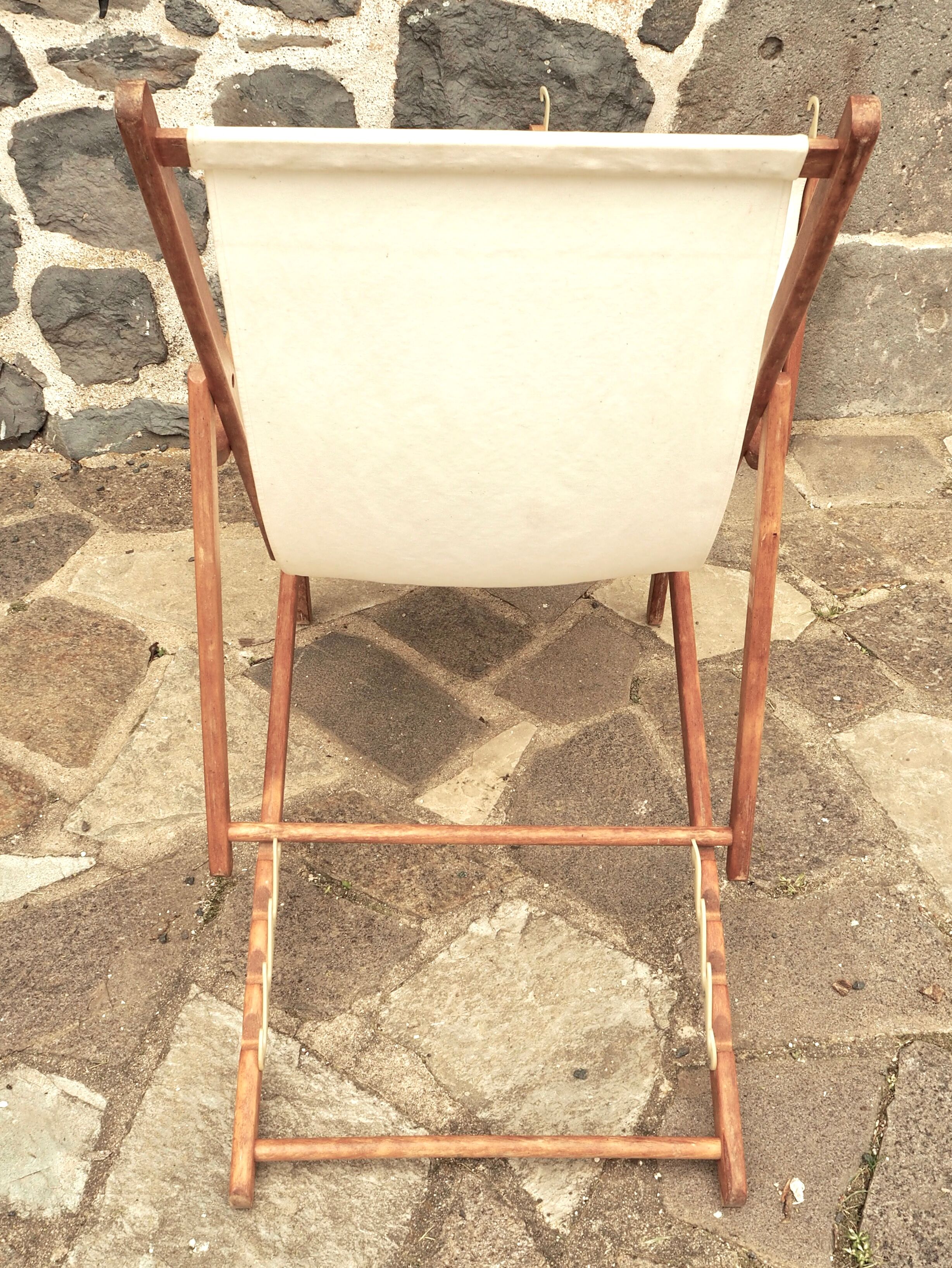 Deckchair with extension chaise longue, in wood and fabric