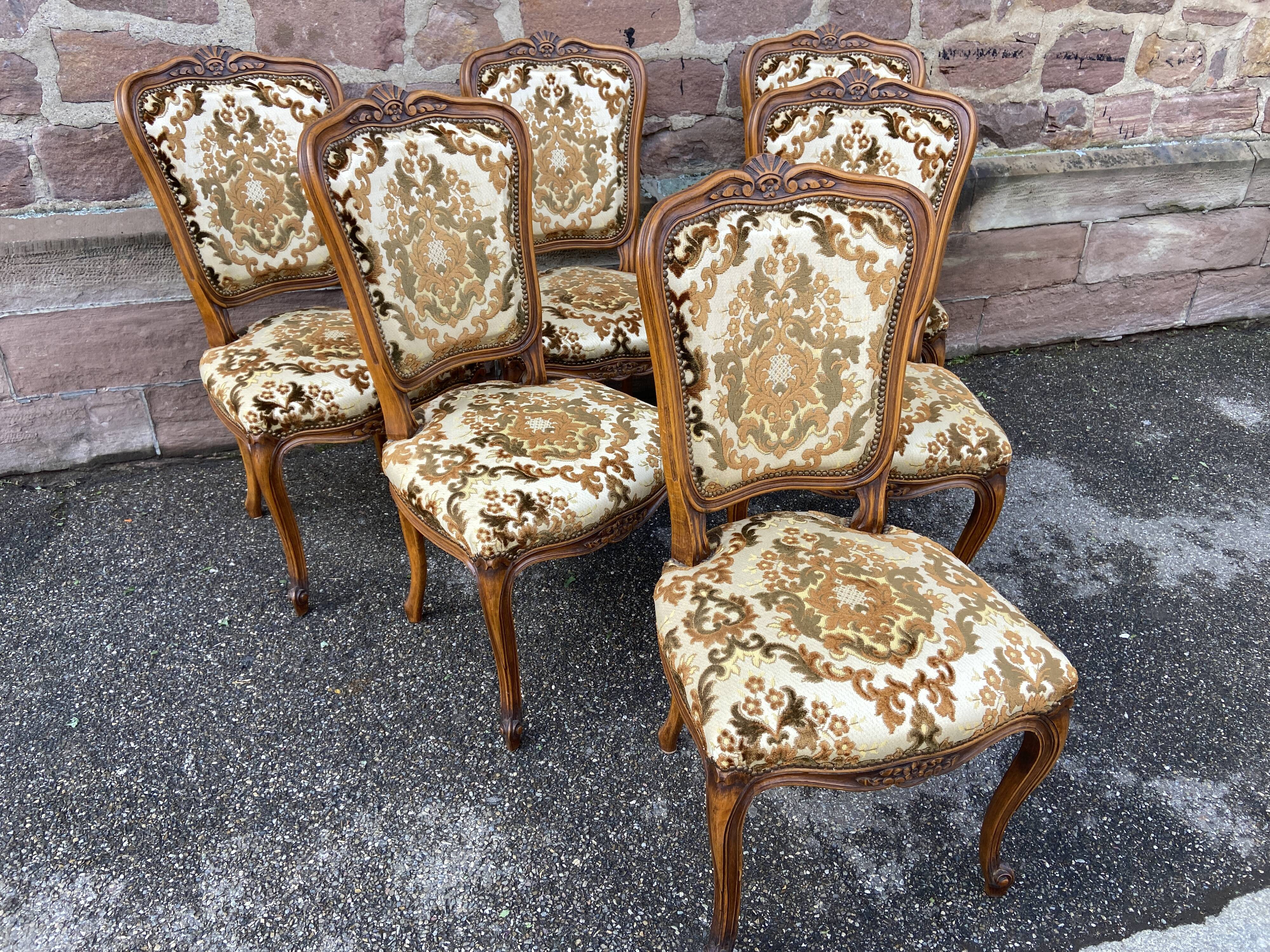 Set of 6 vintage Louis XV style French chairs, velvet upholstered, 1950s