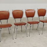 Set of 4 French chairs in camel brown imitation leather and chrome 1960
