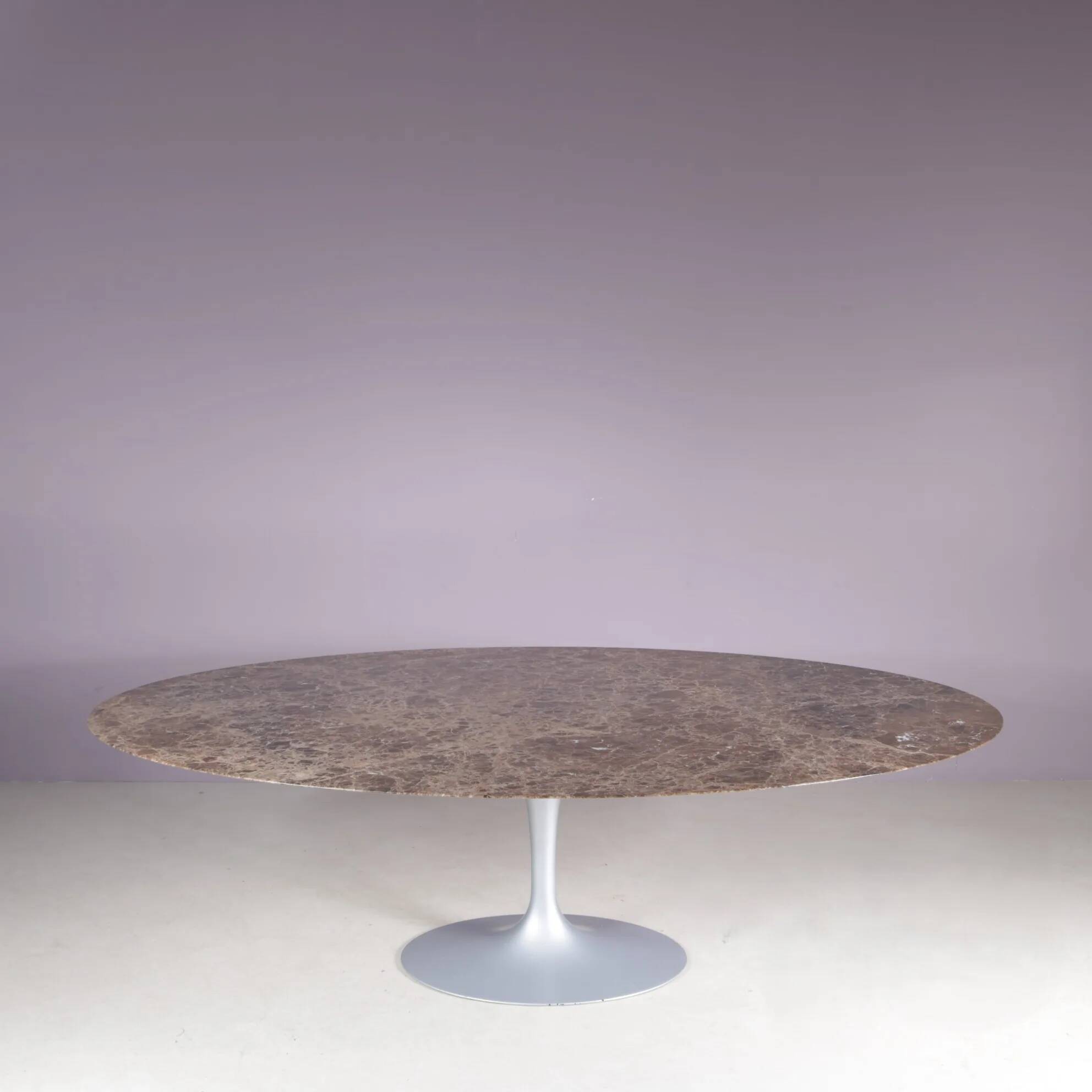 1970s XL oval Tulip table with brown marble top and matte silver oval base / Eero Saarinen / Knoll, USA