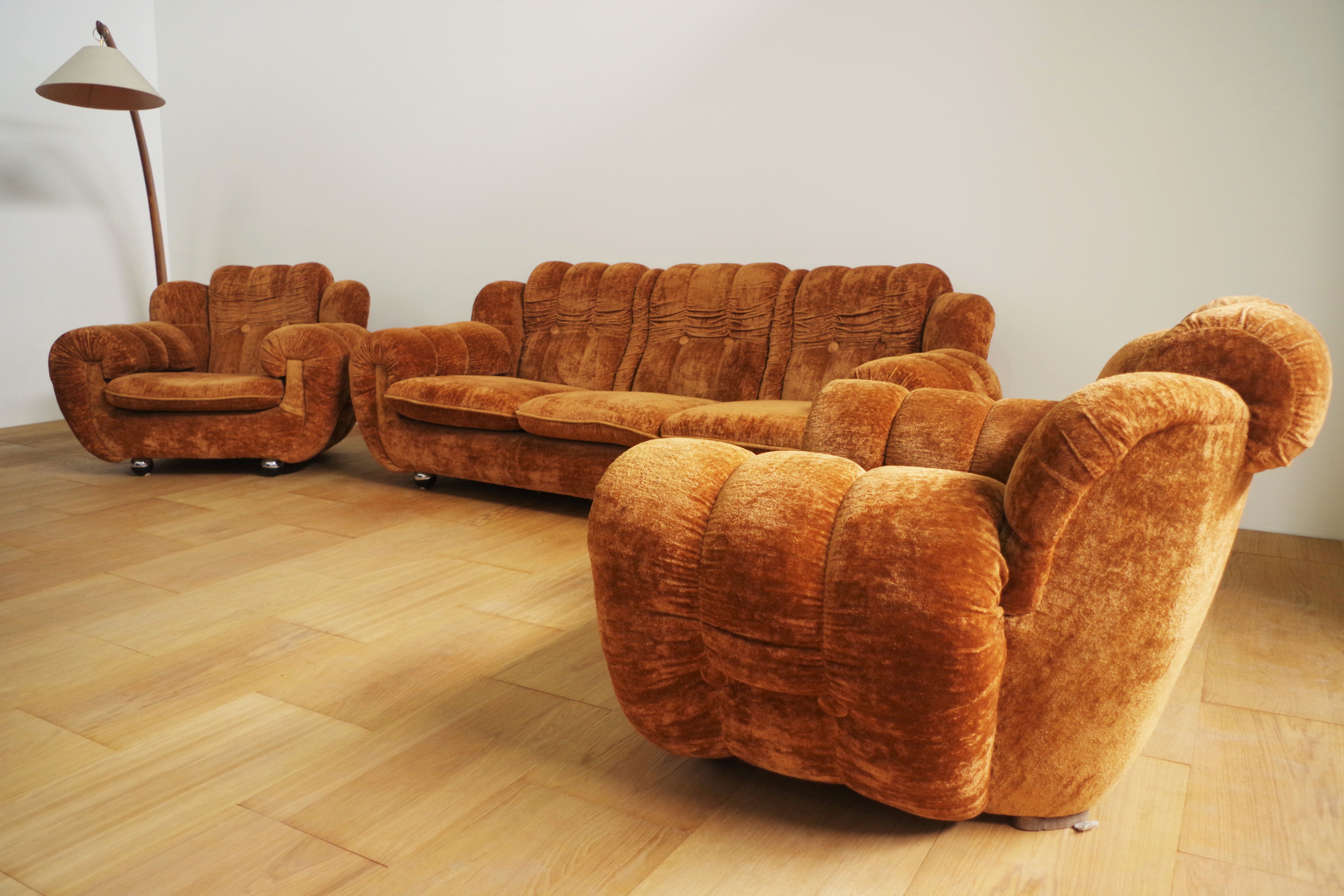 Velvet armchairs and sofa, 1970s, set of 3