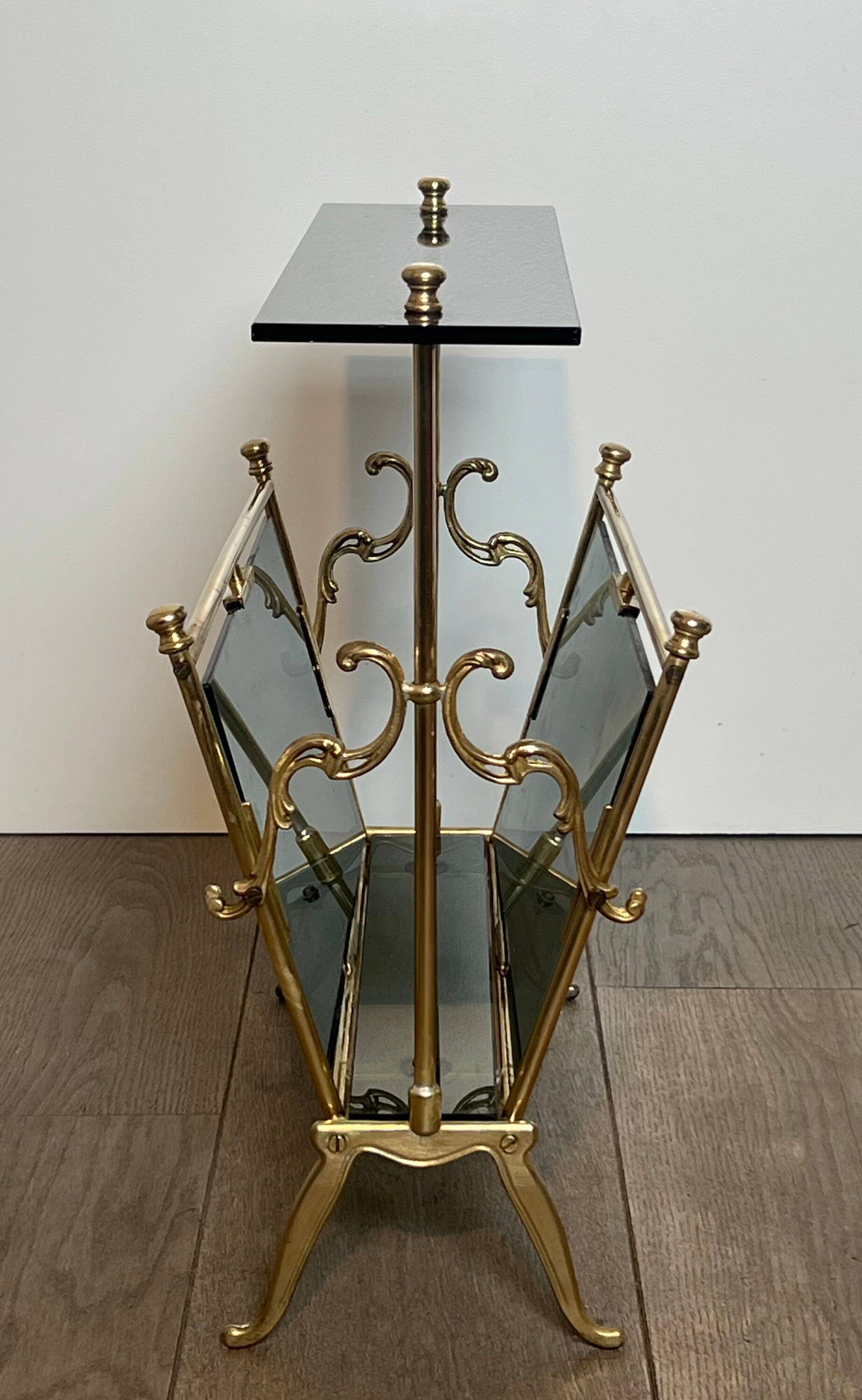 Brass magazine rack and blue-tinted glasses