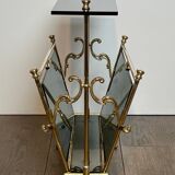 Brass magazine rack and blue-tinted glasses