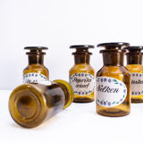 Set of 6 canister for spices, amber glass apothecary bottles