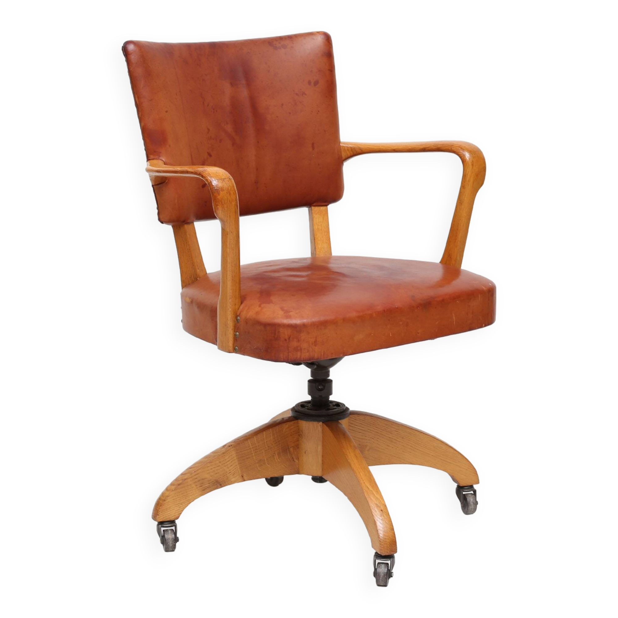 Art deco office chair leather and oak 1930 Sweden
