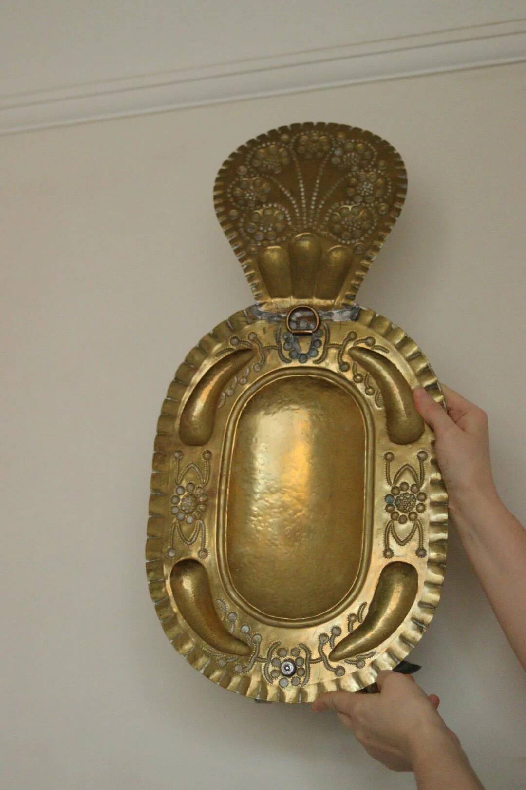 X-large mid-century Swedish brass Baroque sconce with double arm design