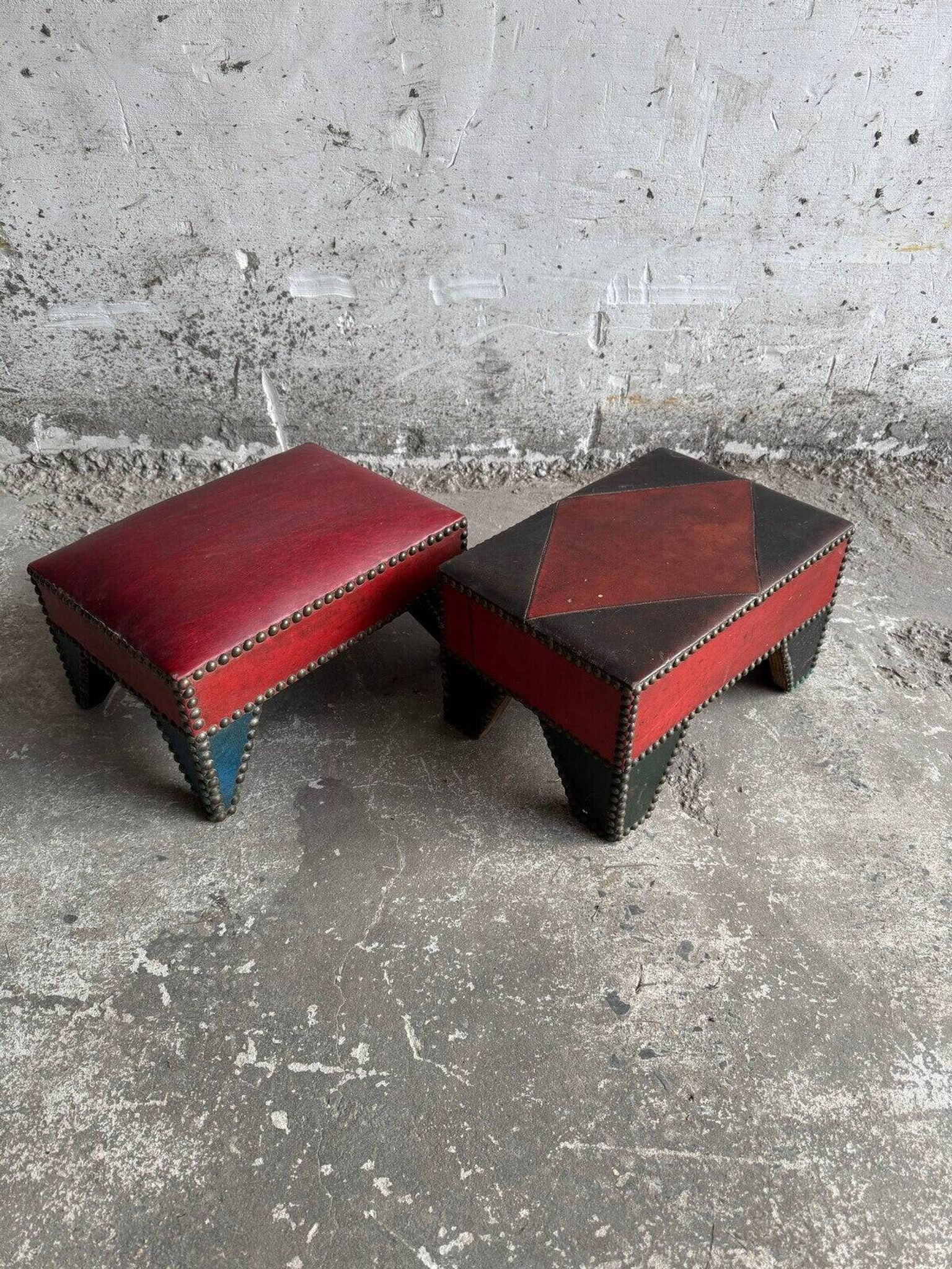 Set of 2 Brown-Beige Leather Poufs with Metal-Studded Seams — Low Vintage Ottomans