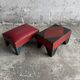 Set of 2 Brown-Beige Leather Poufs with Metal-Studded Seams — Low Vintage Ottomans