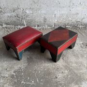 Set of 2 Brown-Beige Leather Poufs with Metal-Studded Seams — Low Vintage Ottomans