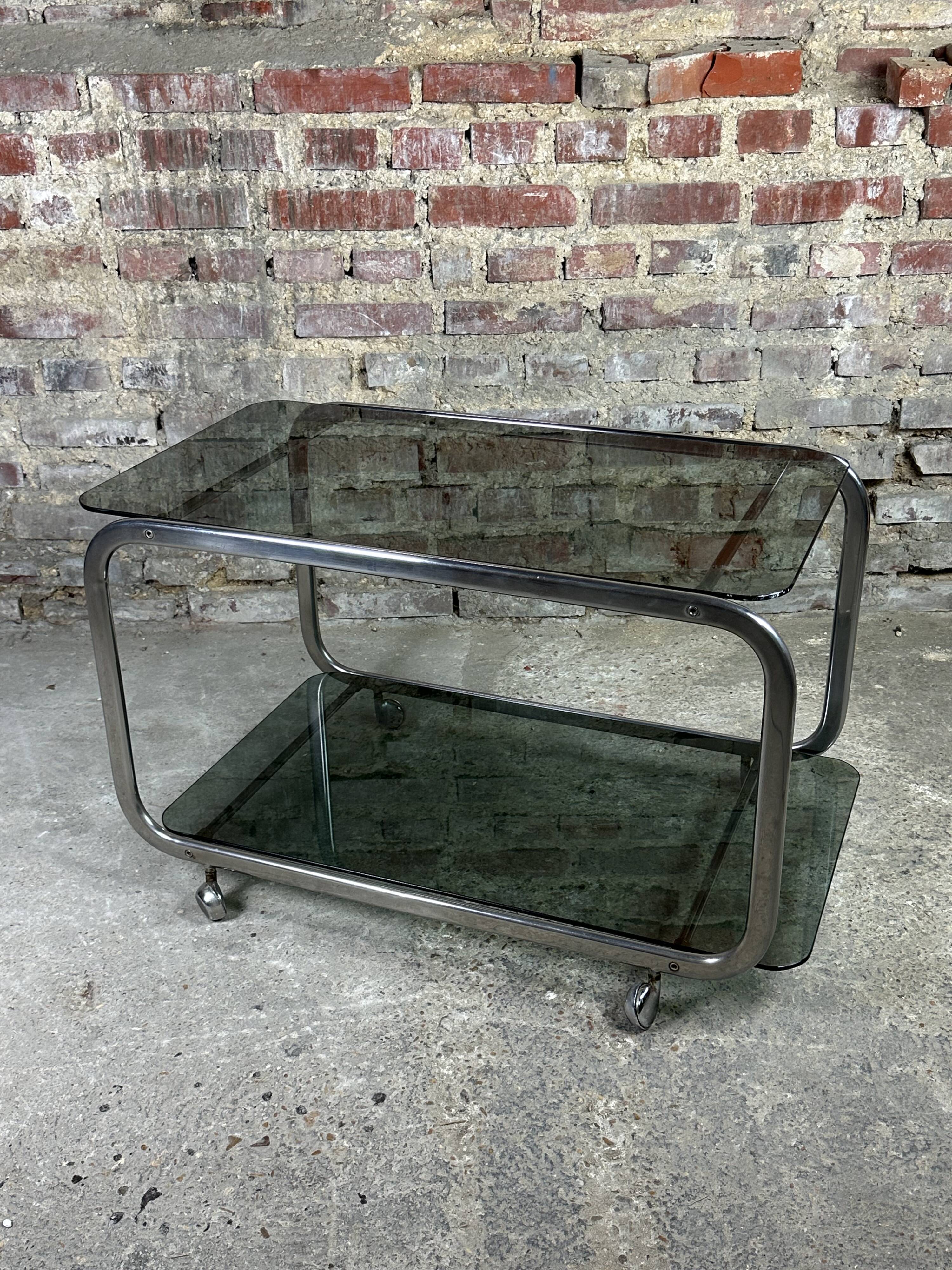 Dessert / rolling table vintage 60'S silver metal top smoked glass
