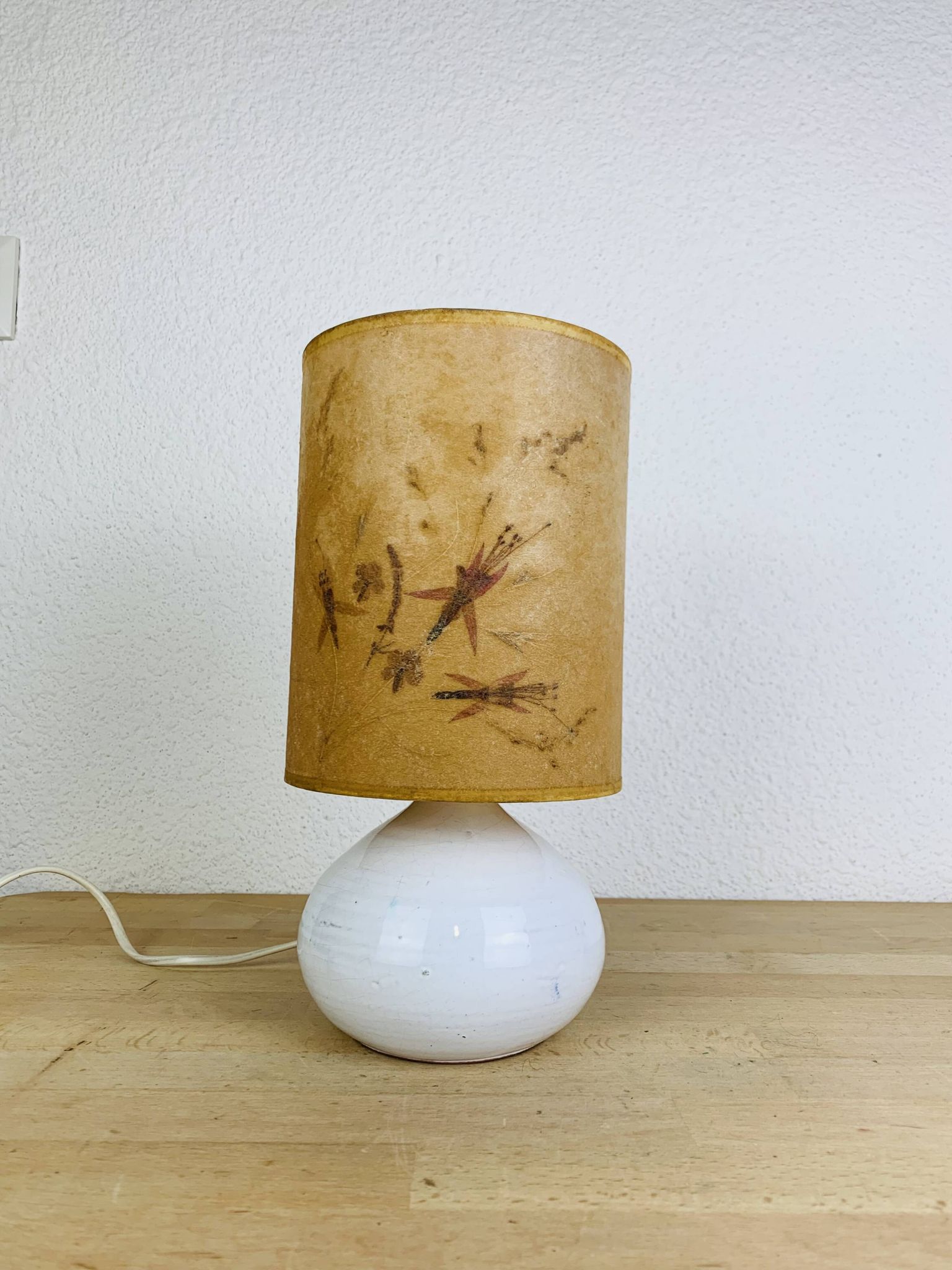 Lampe figue céramique blanche vintage, fleurs séchées, années 70