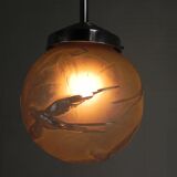 Art Deco pendant light with engraved glass globe and birds, 1930s