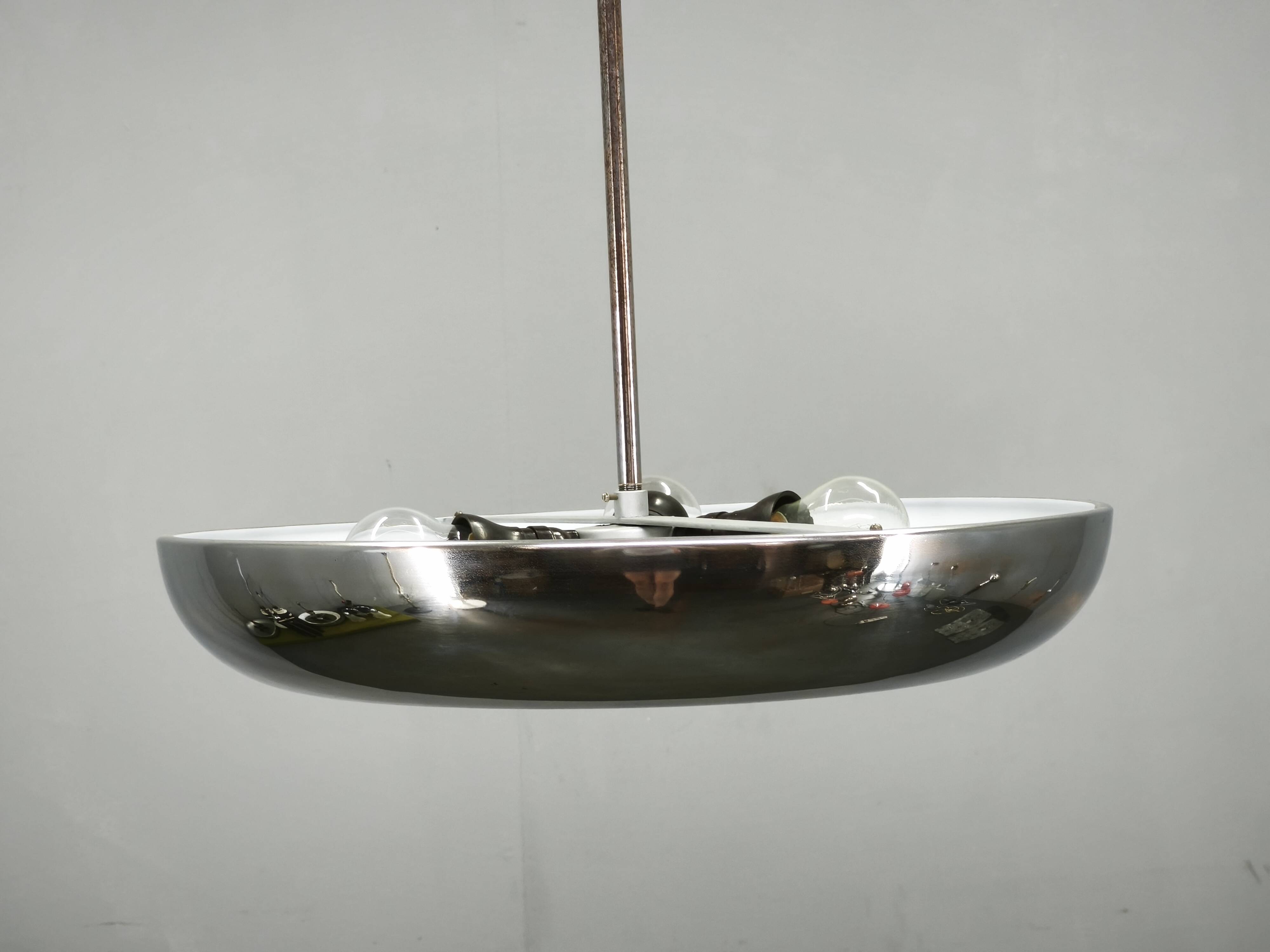 1930s Bauhaus UFO Chrome and Glass Pendant Light, Czechoslovakia