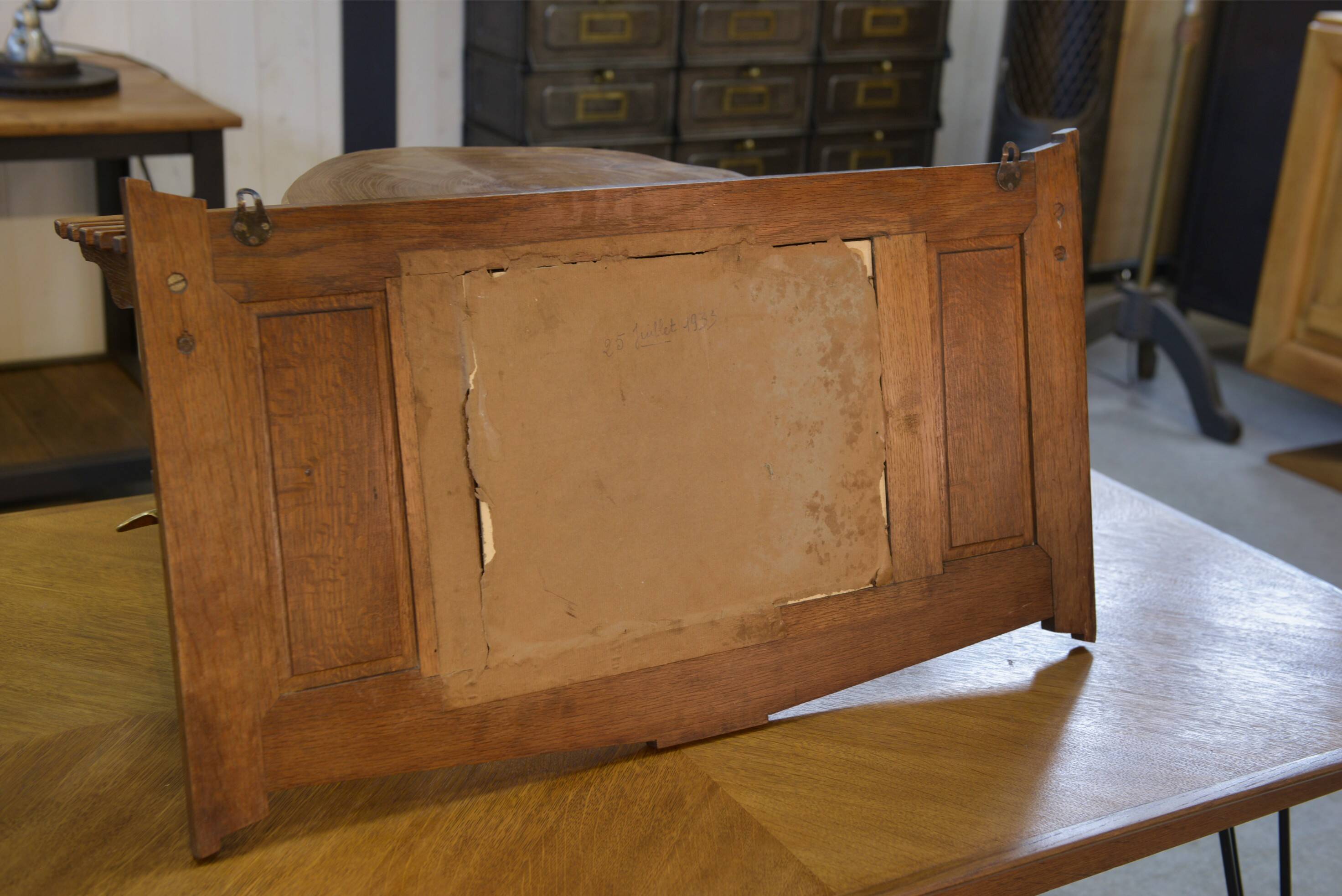 Solid oak coat rack and 2 brass hooks, Art Deco 1930s