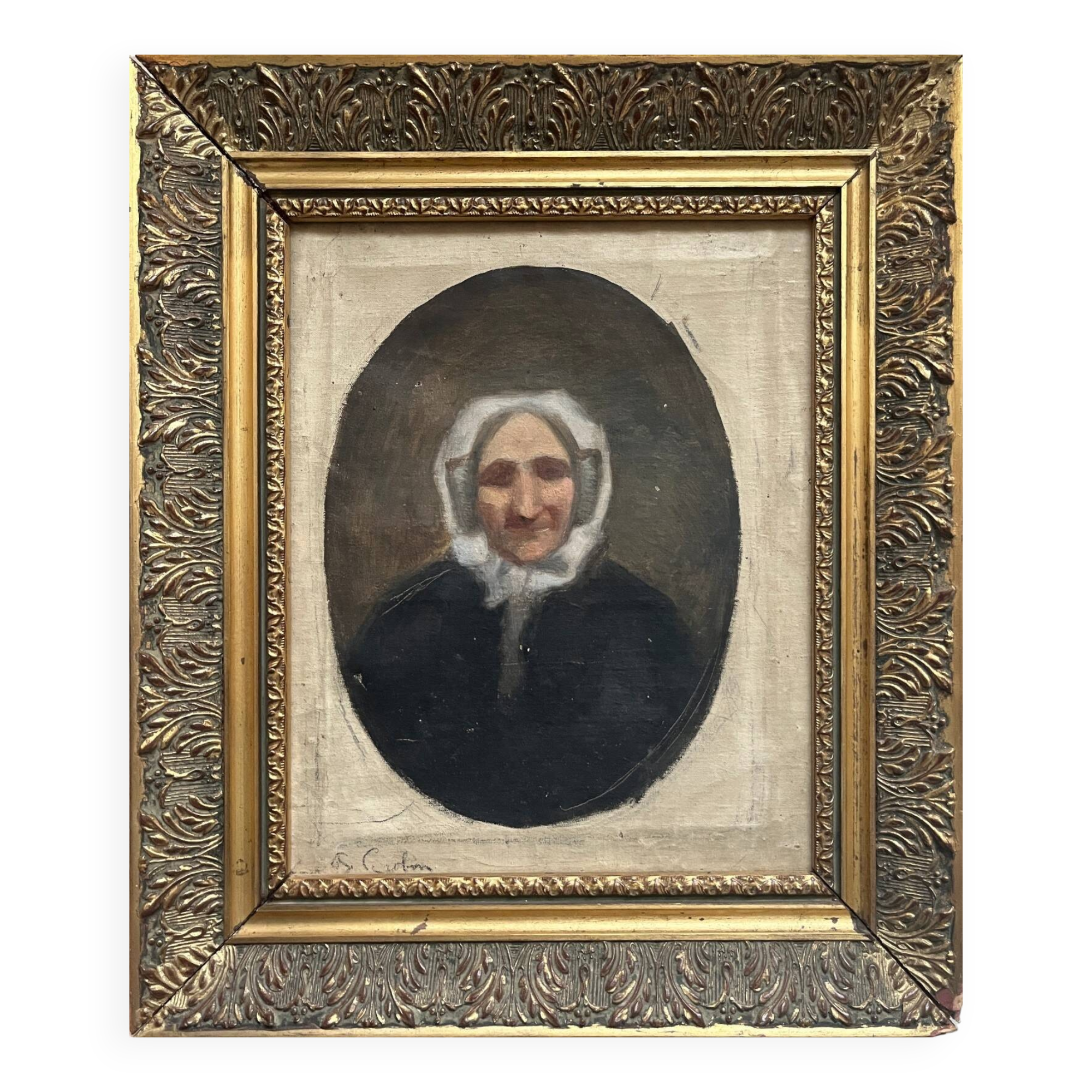 Oil painting on canvas "Portrait of Grandmother" signed + frame, 19th century