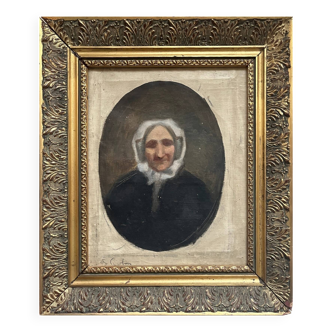Oil painting on canvas "Portrait of Grandmother" signed + frame, 19th century