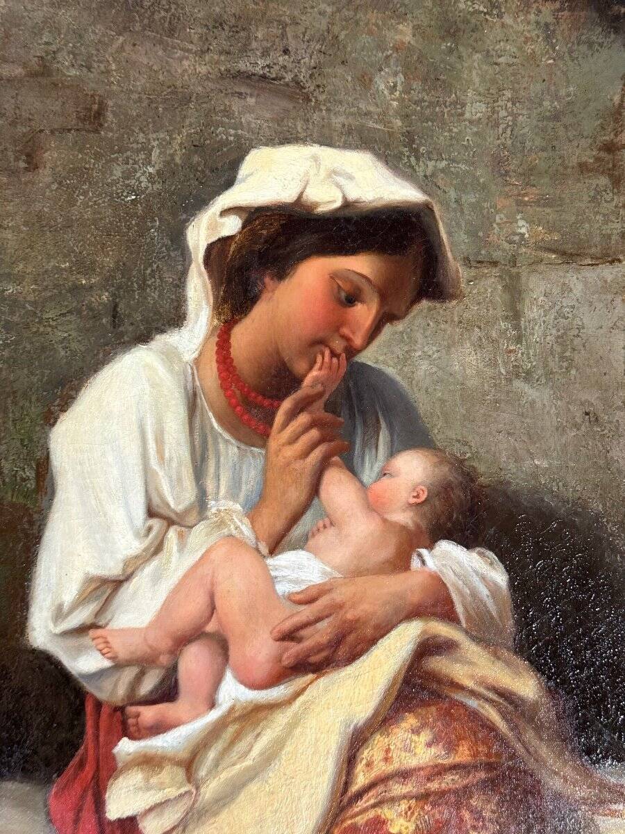 Maternity or Young Peasant Woman and Her Child, Signed C Bühler, Italy 19th C.