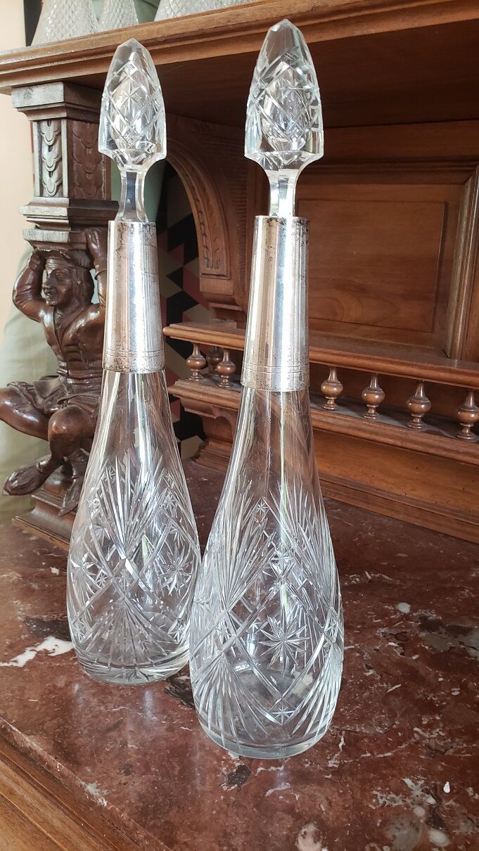 Pair of crystal and metal decanters