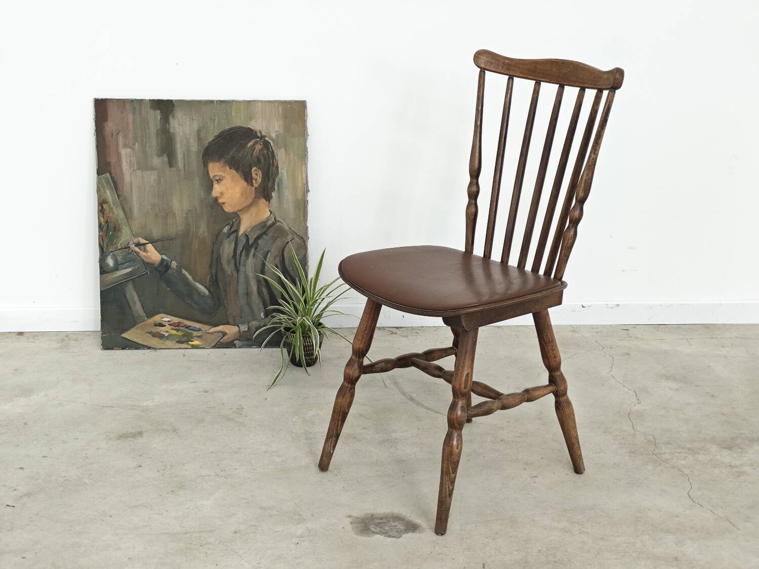 Baumann Tacoma bistro chair, wood and brown faux leather, 1960.