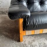 1970s Italian Black Leather Two-Seater Sofa by Poltrona Munari — Pine Frame & Beige Canvas