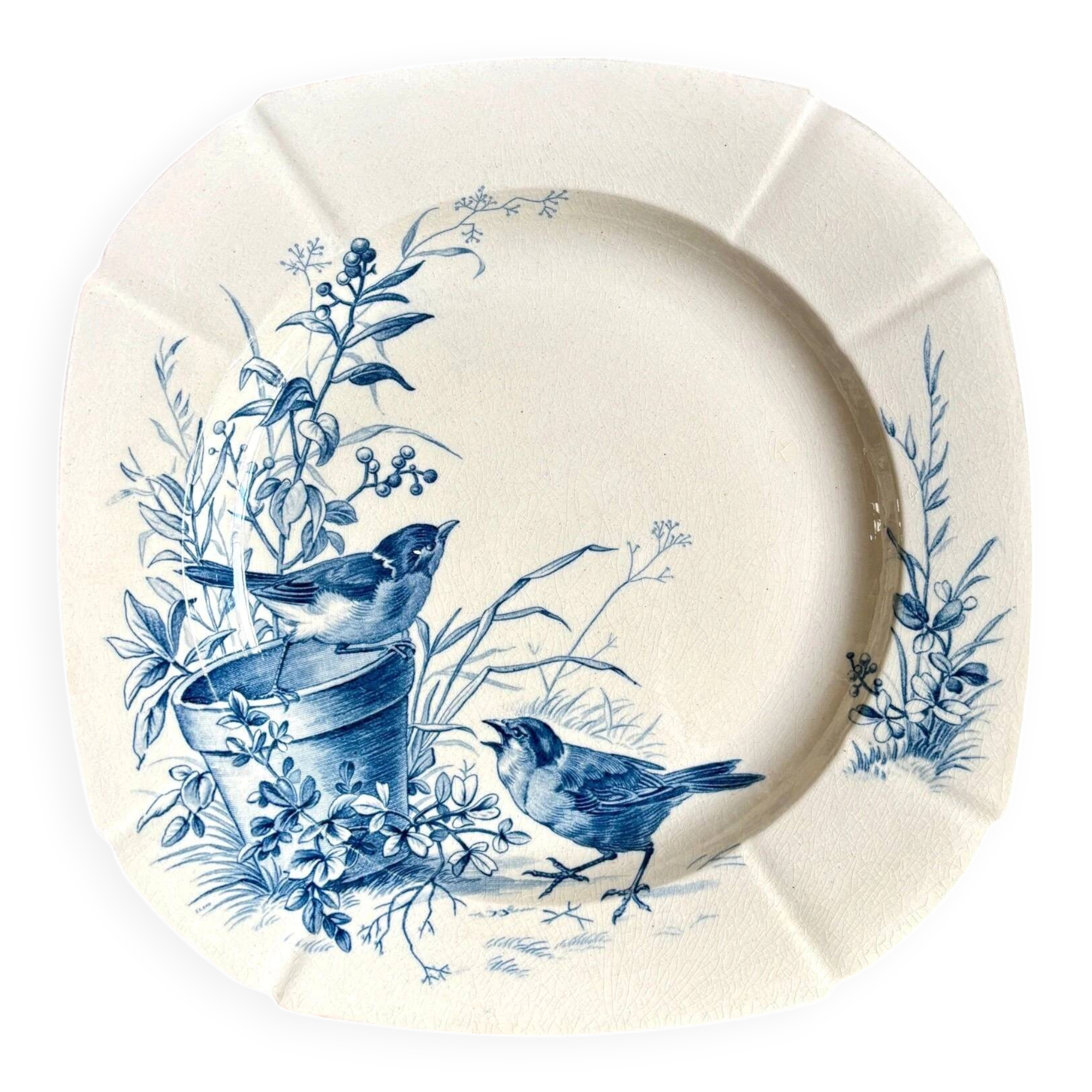 Hollow plate Gien in blue ironstone, "Birds" service circa 1870 no. 6