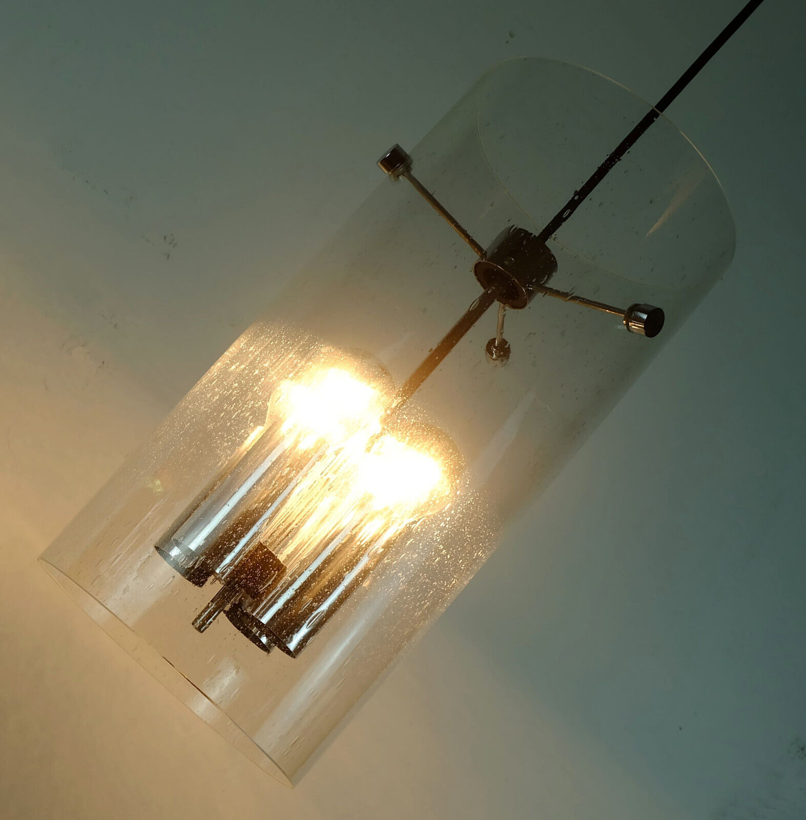Glashuette Limburg pendant light in bubble glass and chrome lampshade 1970s