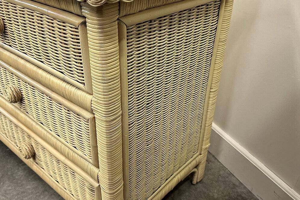 Mid-century pale yellow rattan and bamboo chest of drawers