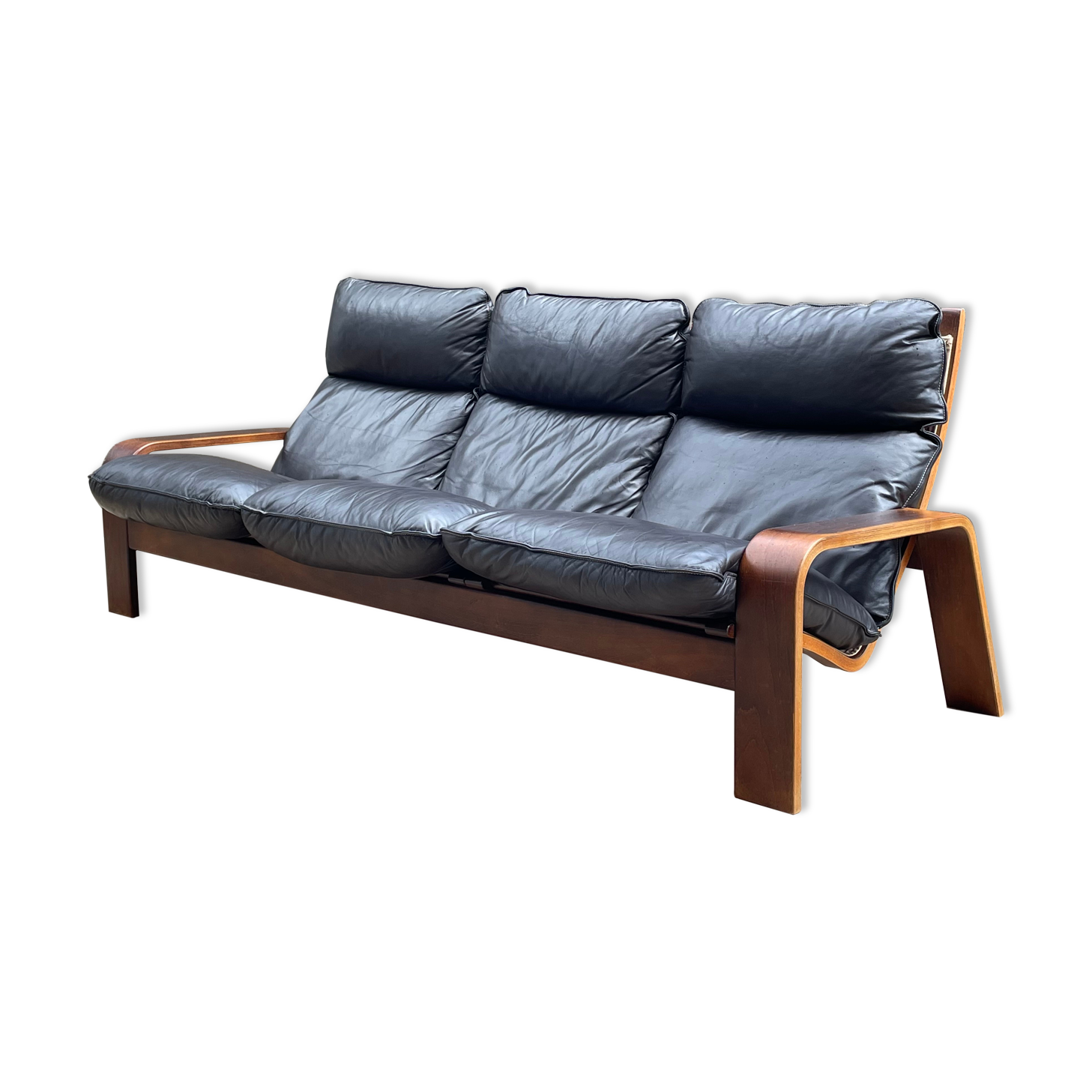 Scandinavian wooden and leather sofa, 1970s