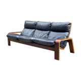 Scandinavian wooden and leather sofa, 1970s