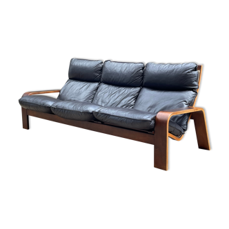 Scandinavian wooden and leather sofa, 1970s