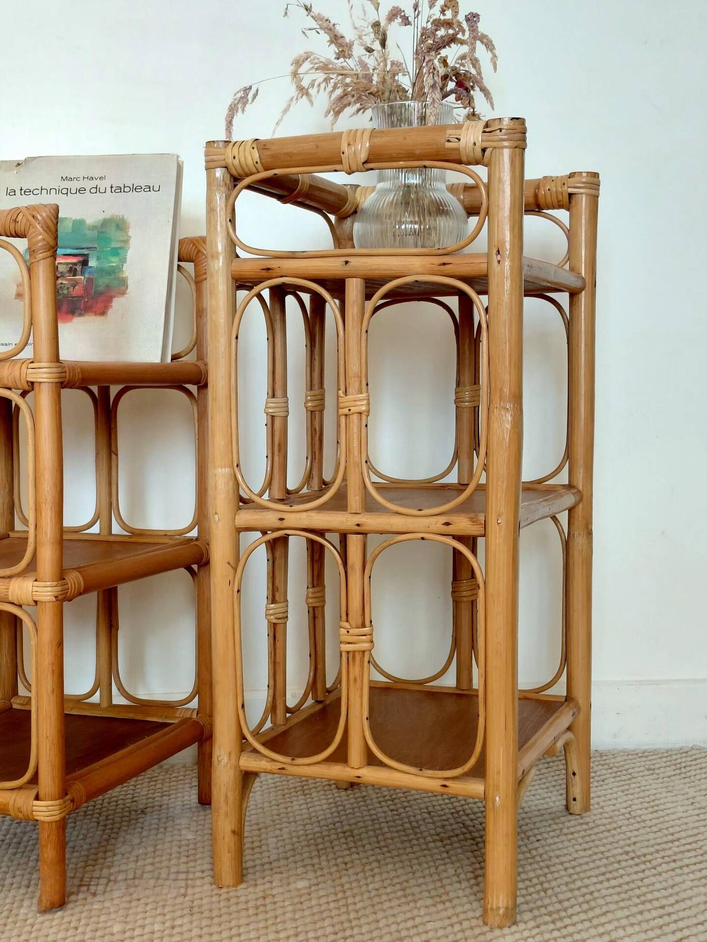 Pair of bedside tables/vintage bamboo and rattan accent furniture - 1970s