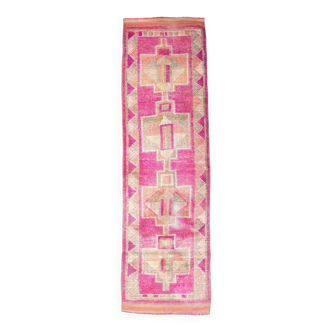 Faded Pink Geometric Style Vintage Runner Rug, Rug For Kitchen, 87x302