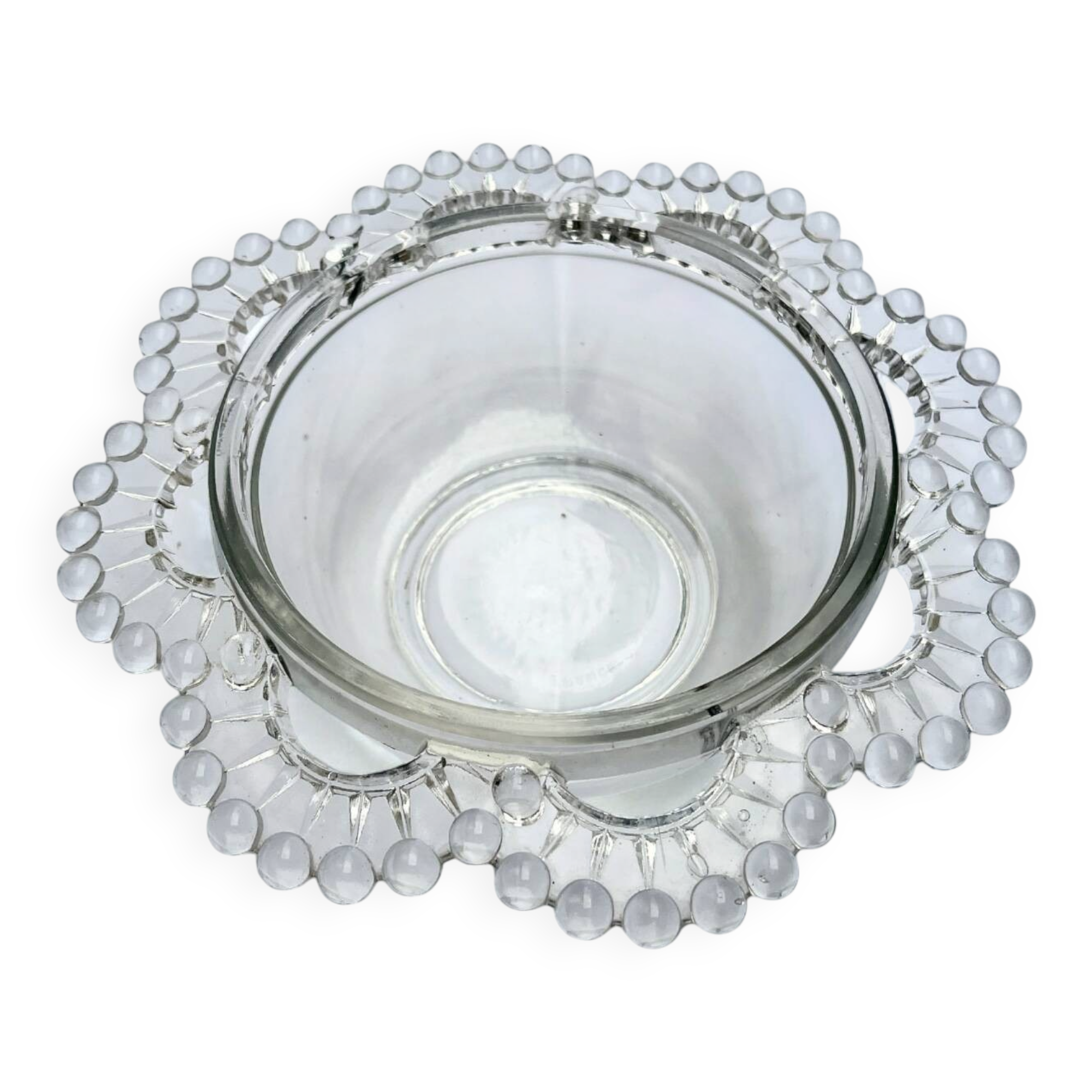 Glass salad bowl with beaded rim, 1900, Art Deco glass salad bowl in the shape of a flower