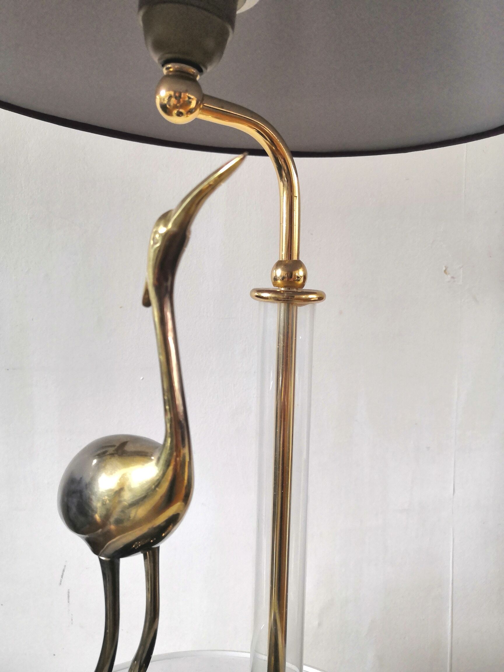 Lampe héron en laiton et tube verre design années 70