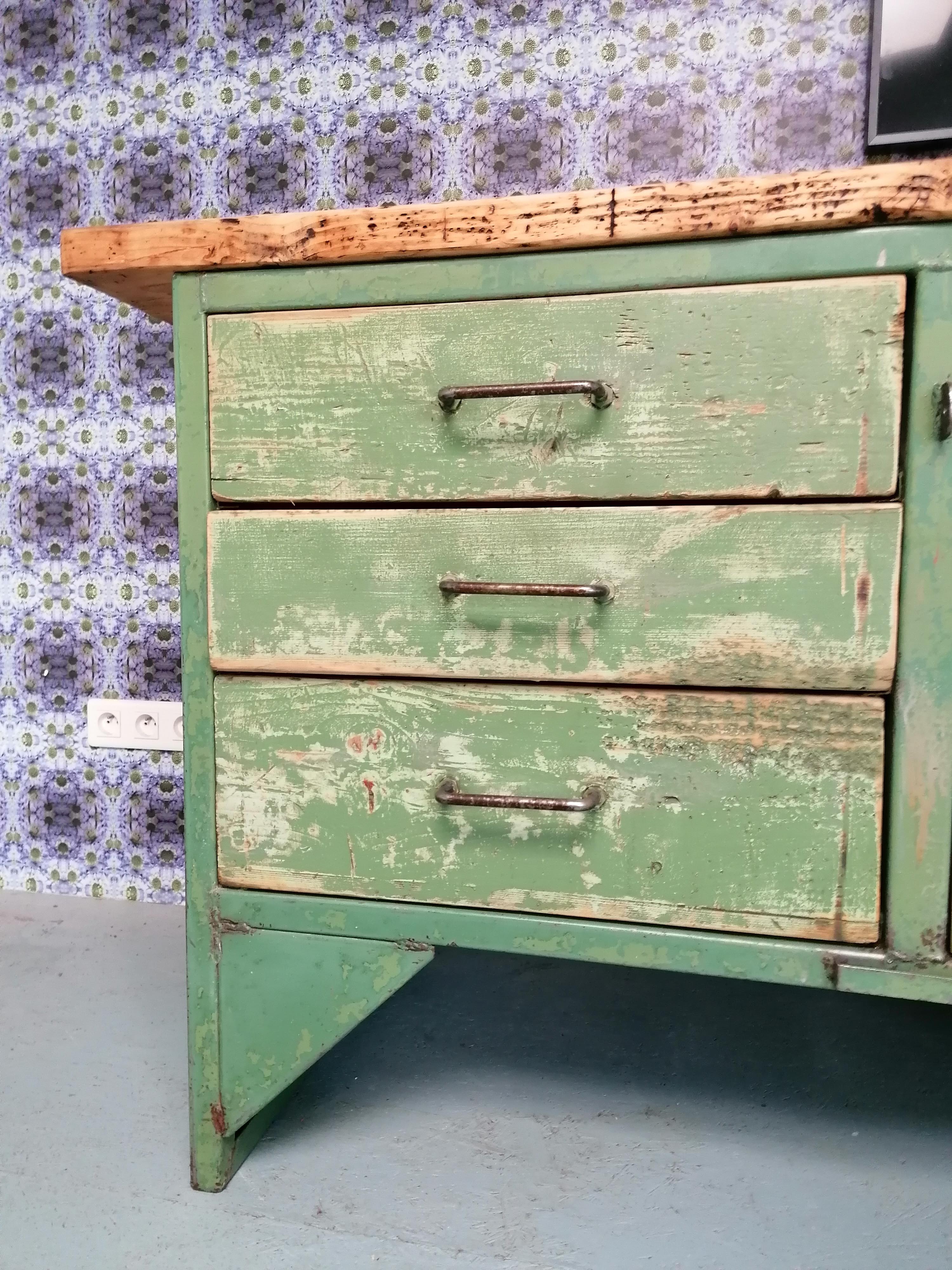Old wooden garage workbench, industrial vintage.