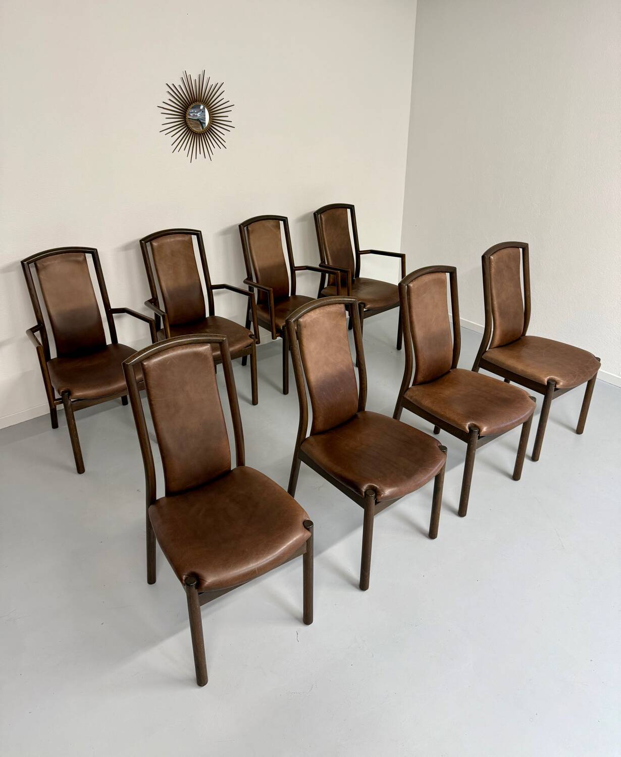 Set of 8 wooden and thick leather armchairs, Girsberger design, 80s