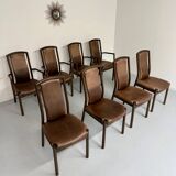Set of 8 wooden and thick leather armchairs, Girsberger design, 80s